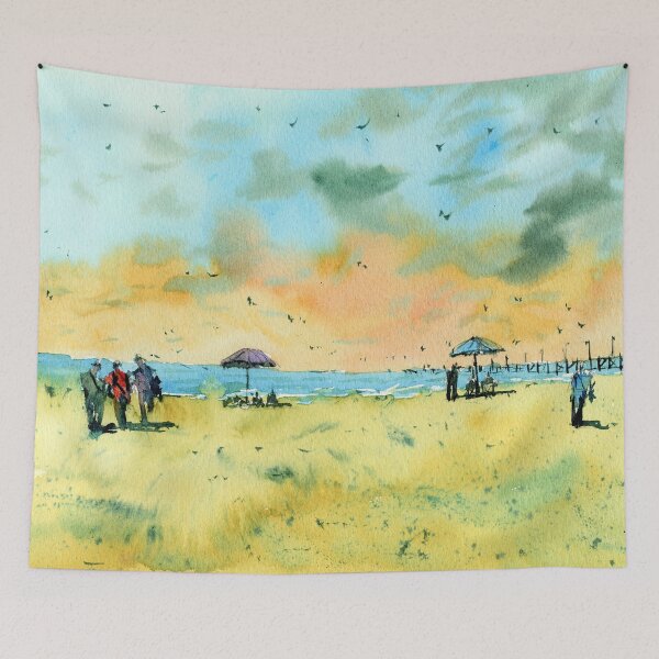 Item preview, Hot and Sunny Beach Landscape Painting with people designed and sold by darrenyeoart.