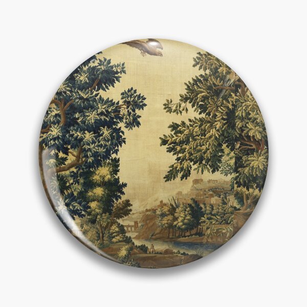 Item preview, Wood Landscape with Birds,Trees and River, Antique Flemish Tapestry in Brown Ivory Blue designed and sold by BulganLumini.