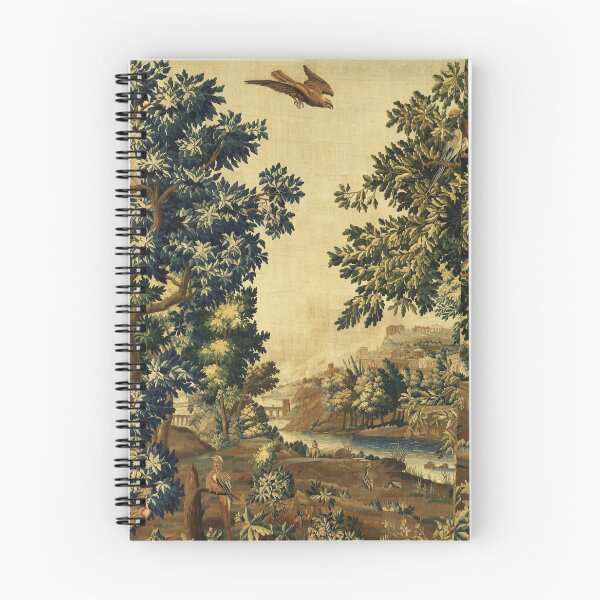 Item preview, Wood Landscape with Birds,Trees and River, Antique Flemish Tapestry in Brown Ivory Blue designed and sold by BulganLumini.