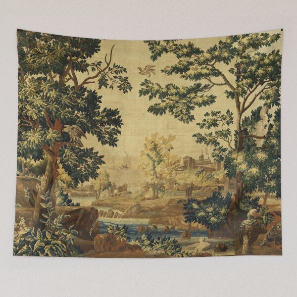 Item preview, Wood Landscape with Birds,Trees and River, Antique Flemish Tapestry in Brown Ivory Blue designed and sold by BulganLumini.