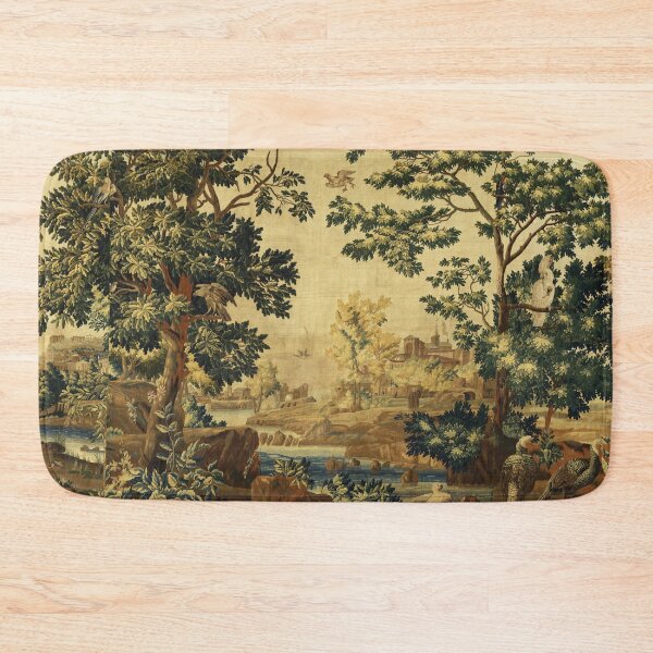 Item preview, Wood Landscape with Birds,Trees and River, Antique Flemish Tapestry in Brown Ivory Blue designed and sold by BulganLumini.