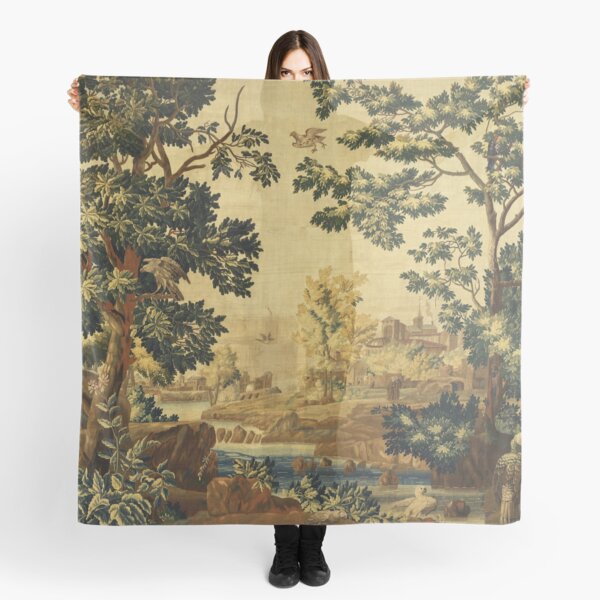 Item preview, Wood Landscape with Birds,Trees and River, Antique Flemish Tapestry in Brown Ivory Blue designed and sold by BulganLumini.