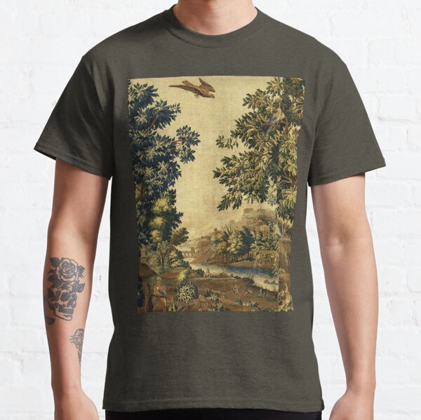 Wood Landscape with Birds,Trees and River, Antique Flemish Tapestry in Brown Ivory Blue Classic T-Shirt