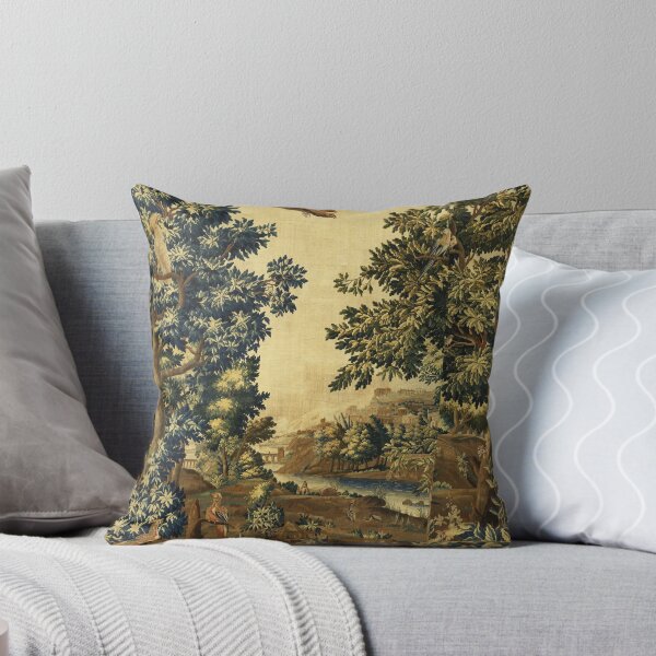 Item preview, Paysage boisé avec oiseaux, arbres et rivière, tapisserie flamande antique en marron ivoire bleu designed and sold by BulganLumini.