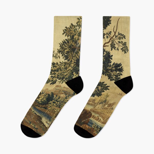 Item preview, Wood Landscape with Birds,Trees and River, Antique Flemish Tapestry in Brown Ivory Blue designed and sold by BulganLumini.