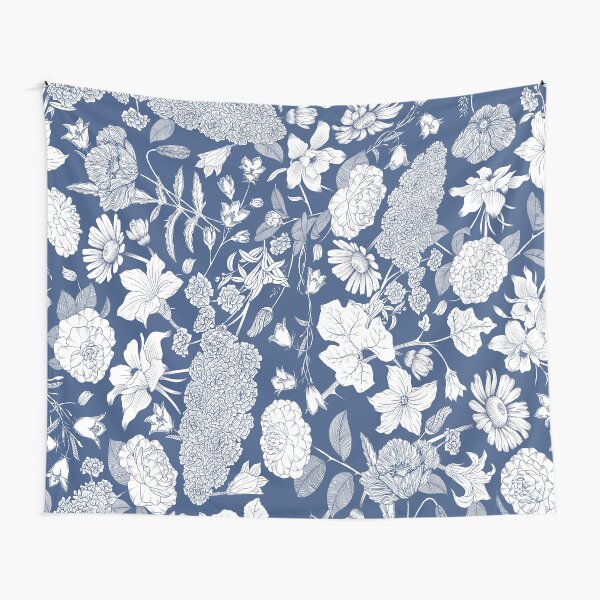 Flowers of each Chakra repeat pattern blue and white Tapestry