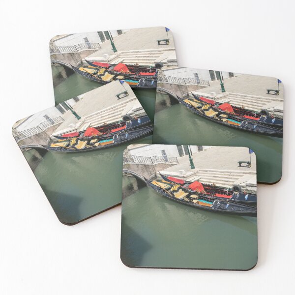 Item preview, Red and Gold Pair - Two Richly Decorated Venetian Gondolas Moored on a Canal designed and sold by Georgia Mizuleva.
