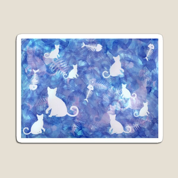 Item preview, Blue Watercolor Cat and Fish Bone Painting designed and sold by Zab Butler Design.