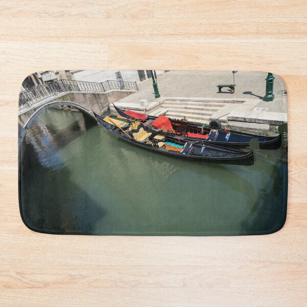 Item preview, Red and Gold Pair - Two Richly Decorated Venetian Gondolas Moored on a Canal designed and sold by Georgia Mizuleva.