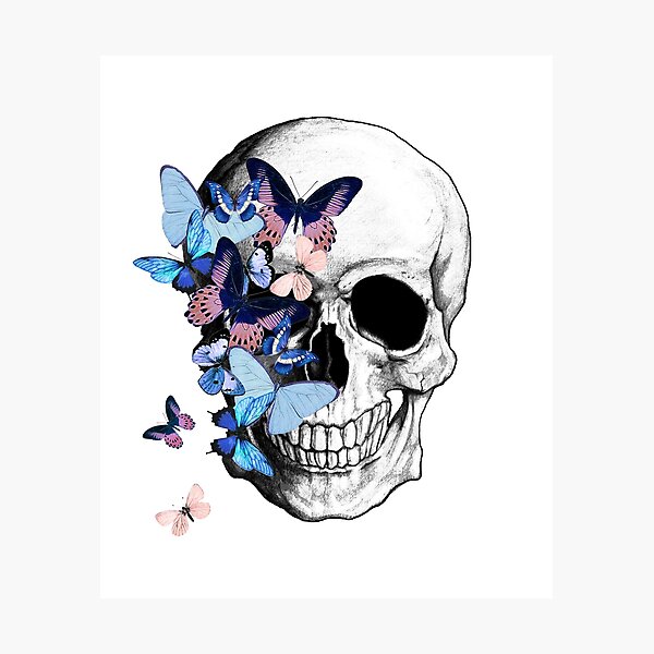 Item preview, skull with blue butterflies, watercolor anatomy art designed and sold by Collagedream.
