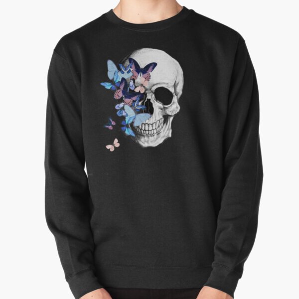 Item preview, skull with blue butterflies, watercolor anatomy art designed and sold by Collagedream.