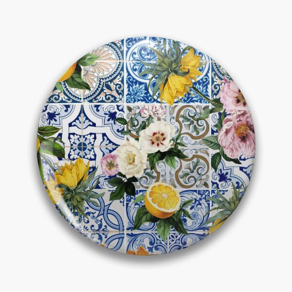Item preview, Mediterranean Tile Print Design, Tuscan Villa, Lemon Floral On Blue Tile designed and sold by twigandmeadow.