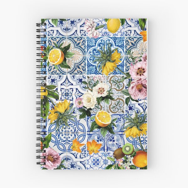 Item preview, Mediterranean Tile Print Design, Tuscan Villa, Lemon Floral On Blue Tile designed and sold by twigandmeadow.