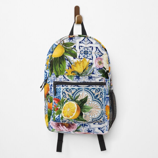 Item preview, Mediterranean Tile Print Design, Tuscan Villa, Lemon Floral On Blue Tile designed and sold by twigandmeadow.