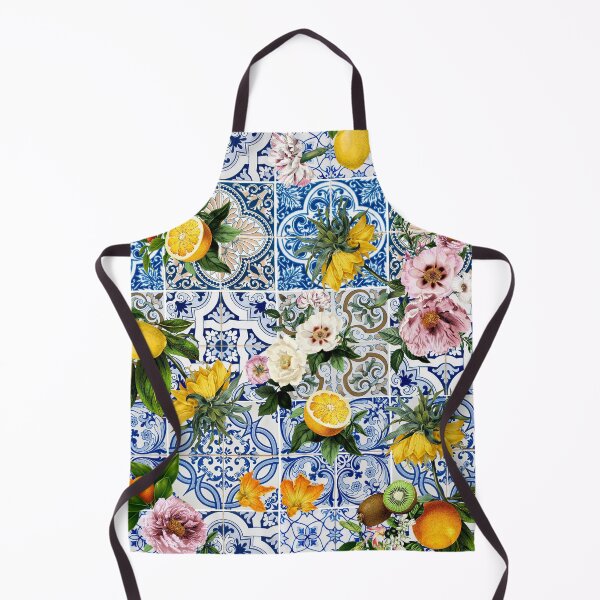 Item preview, Mediterranean Tile Print Design, Tuscan Villa, Lemon Floral On Blue Tile designed and sold by twigandmeadow.