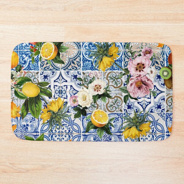 Item preview, Mediterranean Tile Print Design, Tuscan Villa, Lemon Floral On Blue Tile designed and sold by twigandmeadow.