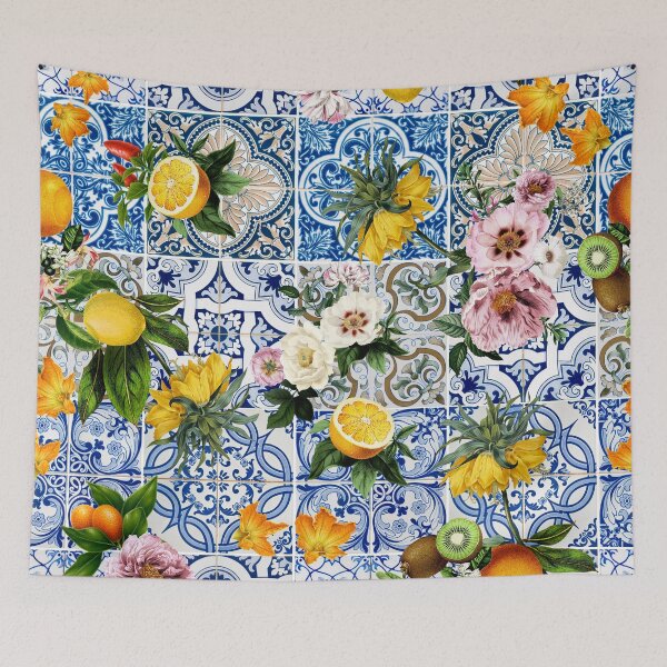 Item preview, Mediterranean Tile Print Design, Tuscan Villa, Lemon Floral On Blue Tile designed and sold by twigandmeadow.