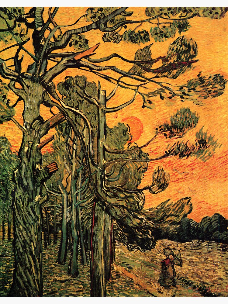 'Pine Trees Against A Red Sky with a Setting Sun' by Vincent Van Gogh (Reproduction) by RozAbellera