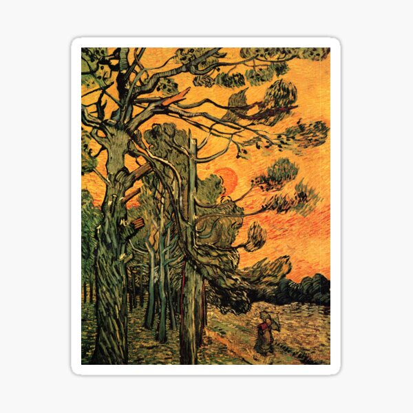 'Pine Trees Against A Red Sky with a Setting Sun' by Vincent Van Gogh (Reproduction) Sticker