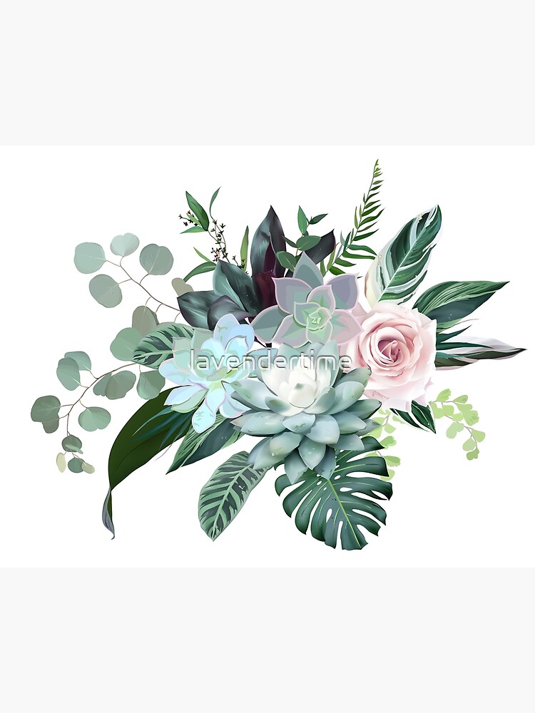 Silver sage green, mint, blue, white flowers vector design spring bouquet.  | Art Board Print