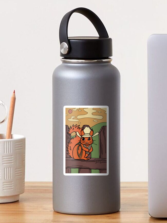 Thumbnail 1 of 3, Sticker, Yeehaw Cowboy Red Squirrel is Cute and Happy designed and sold by Otter-Grotto.