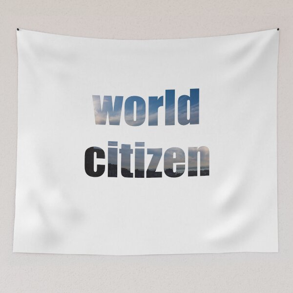 Item preview, citizen of the world - blue letters with a sky texture with clouds and houses designed and sold by nataliavavilina.