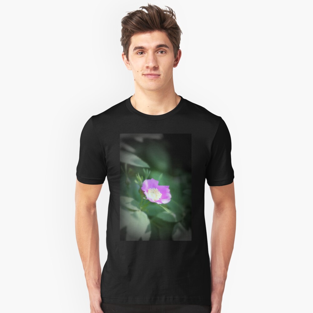 Old fashioned pink rose, near Trojan pond, Oregon Slim Fit T-Shirt
