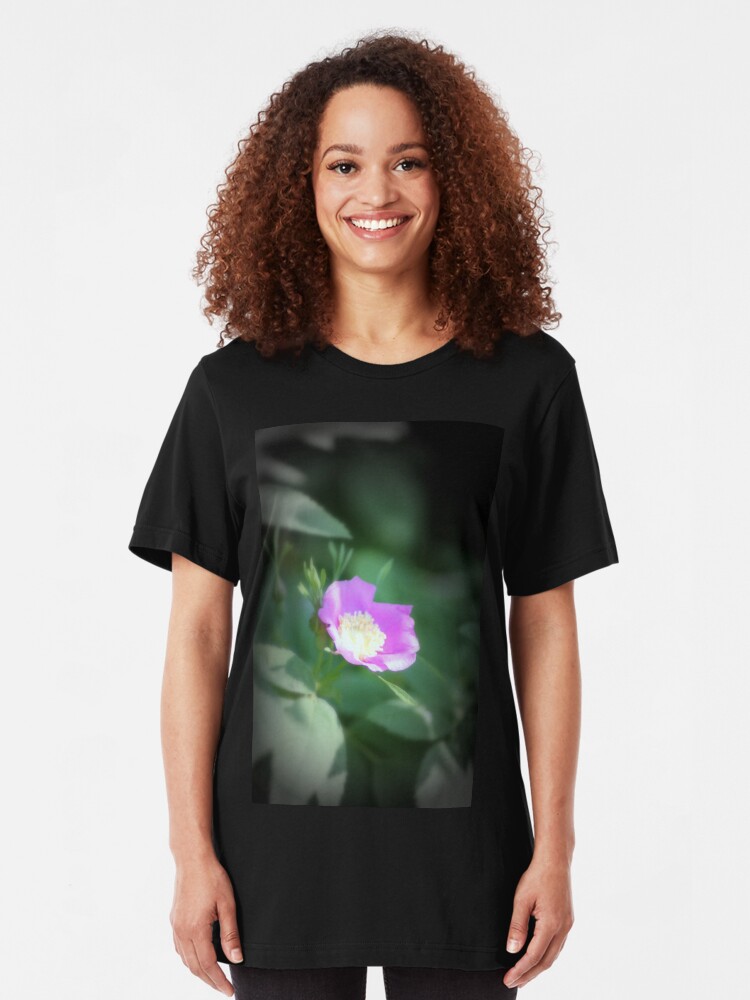 Alternate view of Old fashioned pink rose, near Trojan pond, Oregon Slim Fit T-Shirt