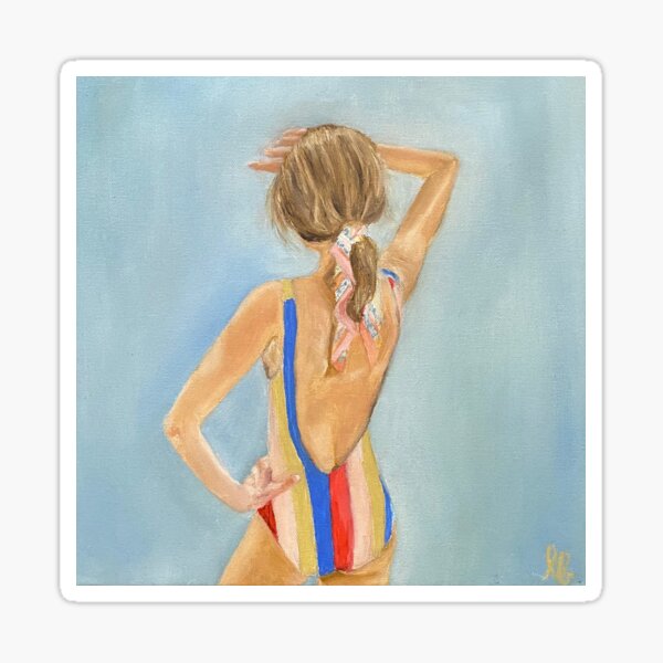 Girl in Striped One Piece Oil Painting Sticker