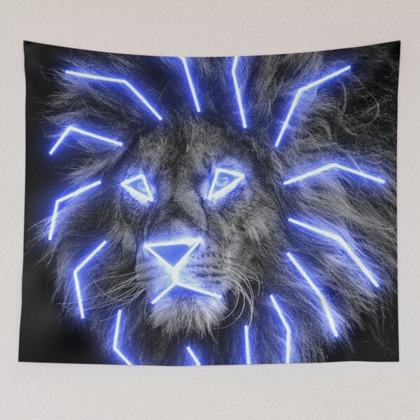 Item preview, Blue Neon King of the Jungle Lion Face Leo Zodiac Black and White Op Art designed and sold by hyproinc.