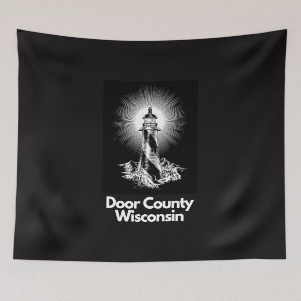 Item preview, Door County Wisconsin Lighthouse Waves Beacon Rocks Graphic Drawing Picture Design Lake Michigan Travel Vacation Camping Black and White designed and sold by fineartprints1.