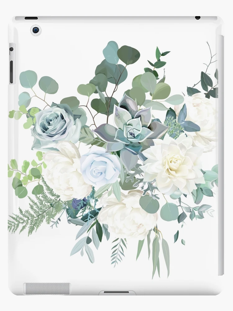 Silver Sage Green, Mint, Blue, White Flowers Vector Design Spring Bouquet.  Peony, Rose, Beige Dahlia, Succulent, Eucalyptus, Greenery 