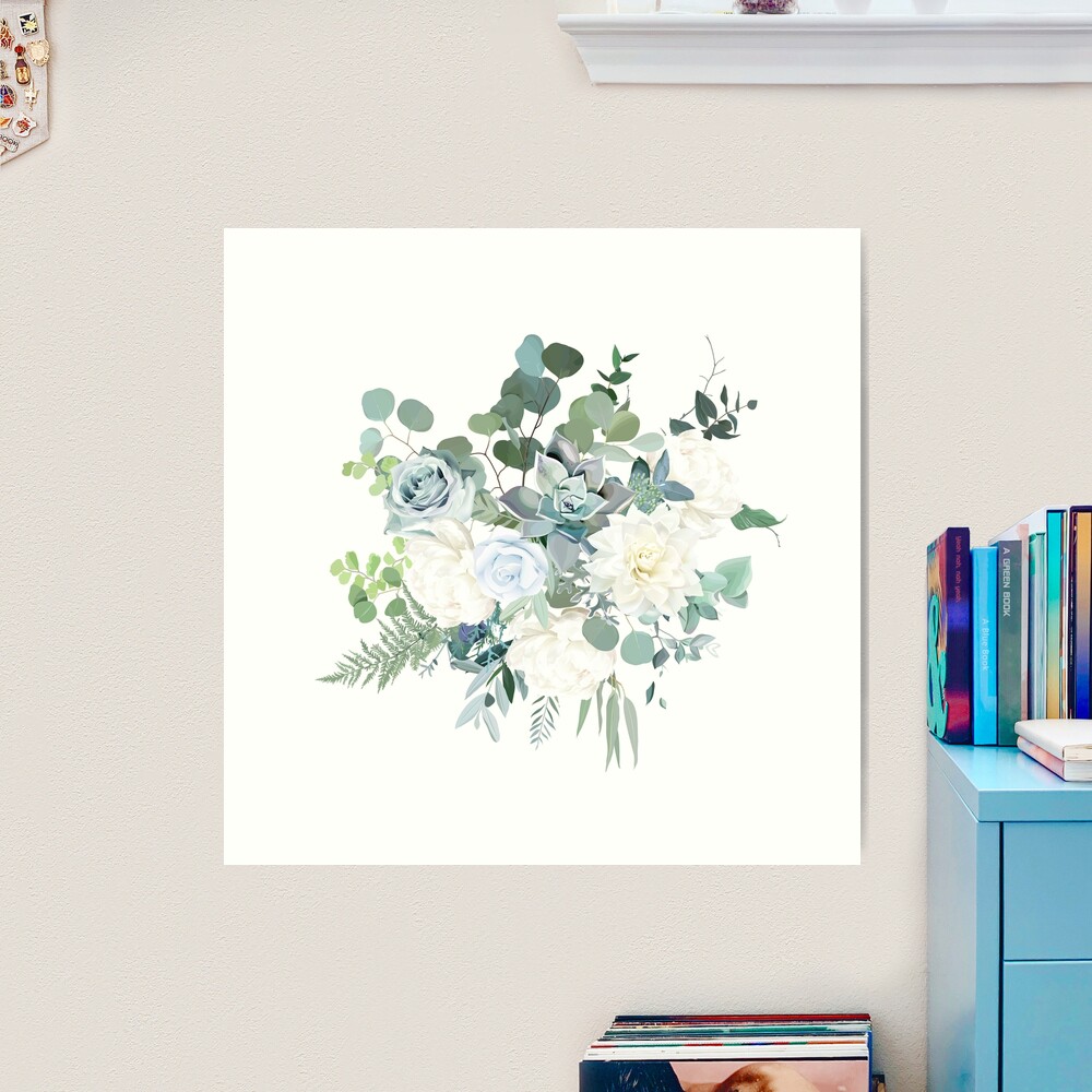 Silver sage green, mint, blue, white flowers vector design spring bouquet.  Art Print for Sale by lavendertime