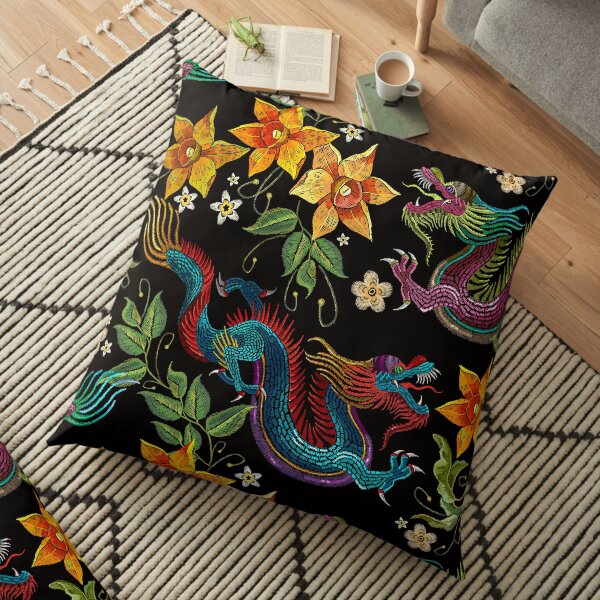 Dragons and beautiful flowers Floor Pillow