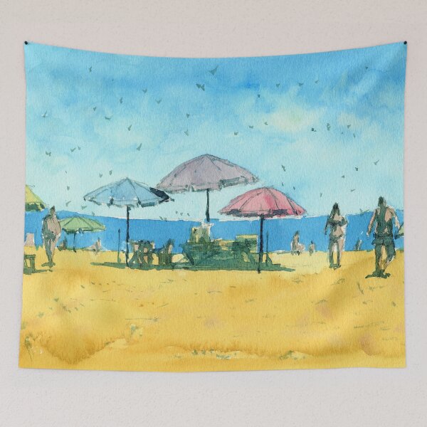 Item preview, Beach Landscape Painting in Watercolor with Umbrellas designed and sold by darrenyeoart.