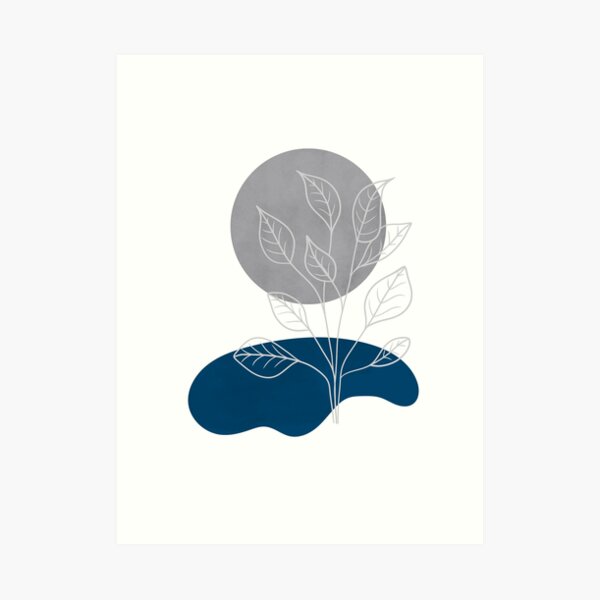Minimalist line art landscape with a silver moon and a plant by a lake, lines and shapes art in blue, silver and white Art Print