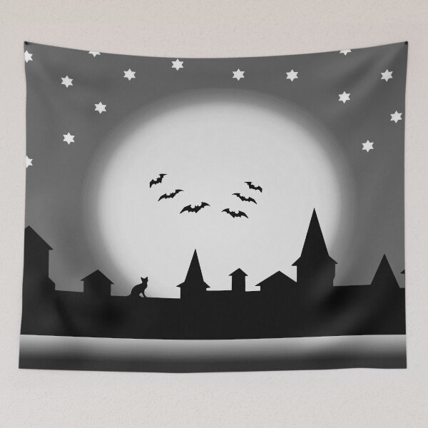 Item preview, Halloween, silhouettes of the Old Town against the background of the full moon at night and with bats flying around and scaring everybody designed and sold by helenkaiy.