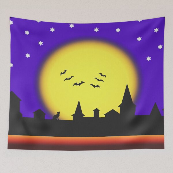 Item preview, Halloween, silhouettes of the Old Town against the background of the full moon at night and with bats flying around and scaring everybody designed and sold by helenkaiy.