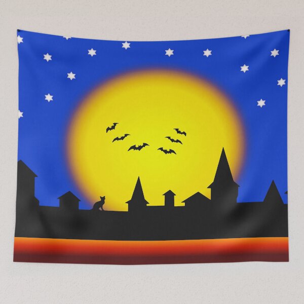 Item preview, Halloween, silhouettes of the Old Town against the background of the full moon at night and with bats flying around and scaring everybody designed and sold by helenkaiy.
