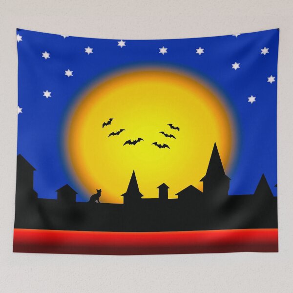 Item preview, Halloween, silhouettes of the Old Town against the background of the full moon at night and with bats flying around and scaring everybody designed and sold by helenkaiy.