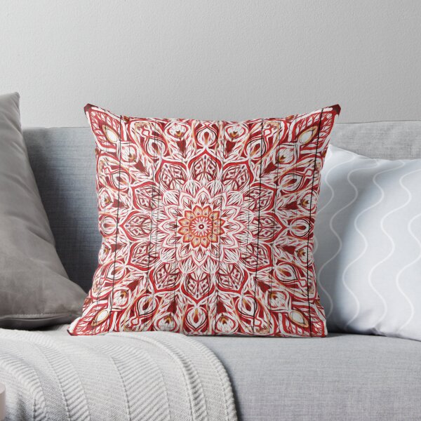 Deep Red Wooden Textured Boho Tribal Mandala Throw Pillow
