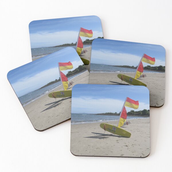 Item preview, Red and yellow lifeguard flag and board on the beach. designed and sold by S-and-W-4ever.