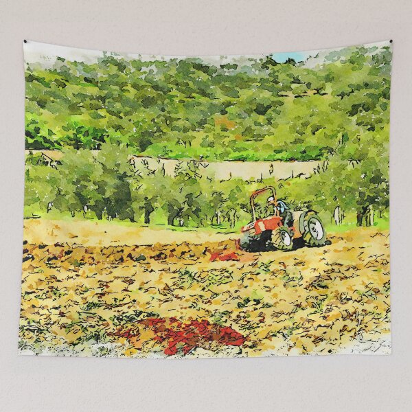 Aperçu de l'œuvre Hortus Conclusus: tracteur rouge laboure le champ créée et vendue par Giuseppe Cocco.