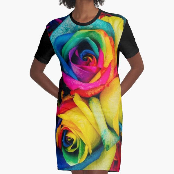 Bold Rainbow of Roses Graphic T-Shirt Dress