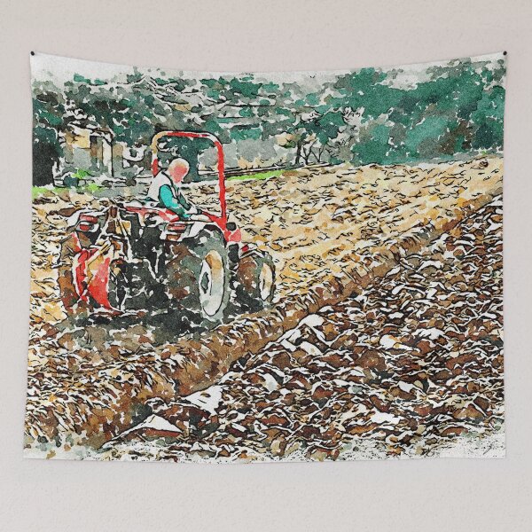 Aperçu de l'œuvre Hortus Conclusus: un tracteur laboure le champ créée et vendue par Giuseppe Cocco.