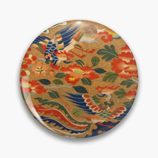 Item preview, PHOENIXES AND PEONIES IN LANDSCAPE OF CLOUDS AND WAVES  Red Orange Green Floral designed and sold by BulganLumini.
