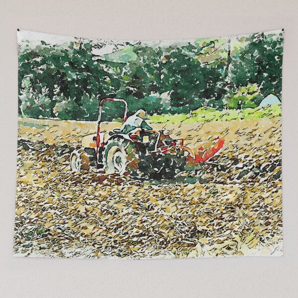 Aperçu de l'œuvre Hortus Conclusus: un tracteur laboure le champ créée et vendue par Giuseppe Cocco.