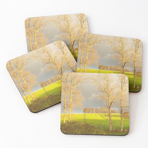 Item preview, Trees and fields with gray clouds lit by sunrise designed and sold by Michael Brewer.