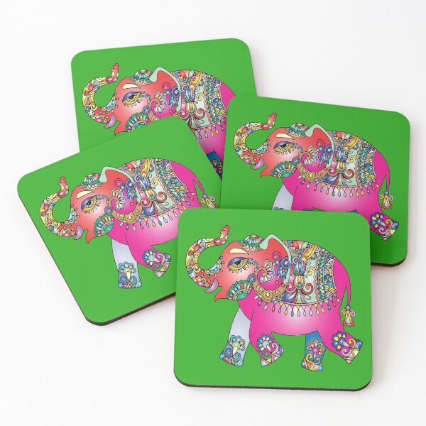 Item preview, Elephant in Multi-colors - Pink, Blue, Orange - on Green designed and sold by AlteredAtelier.