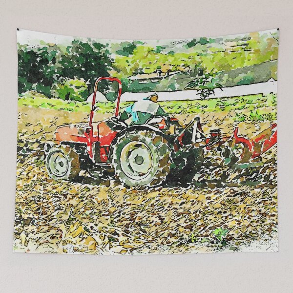 Aperçu de l'œuvre Hortus Conclusus: un tracteur laboure le champ créée et vendue par Giuseppe Cocco.